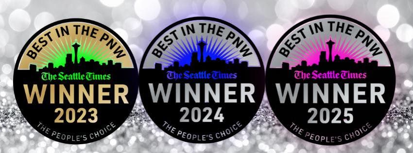 Seattle Times Best in the PNW winner badges for 2023, 2024 and 2025