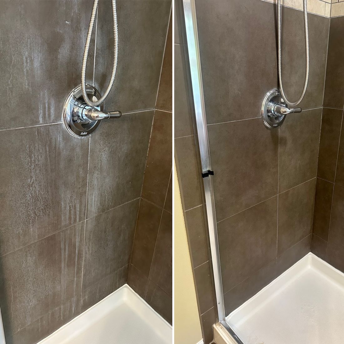 Dark-tile shower wall before and after water spots were removed