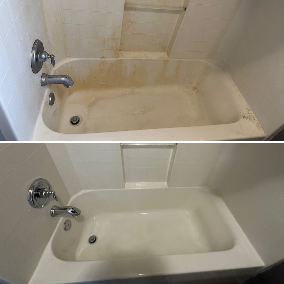 Rust-stained bathtub before, clean white tub after