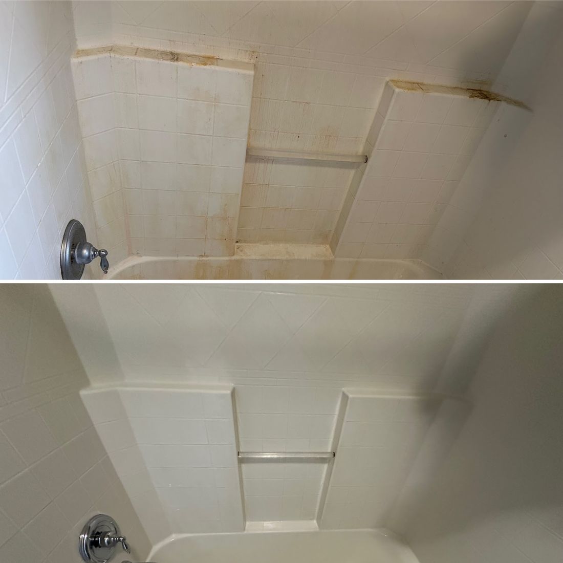 Tub surround with brown grime before, clean after
