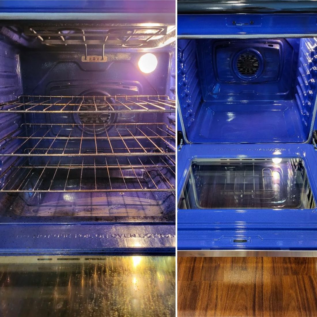 Oven interior before and after cleaning, blue enamel shining