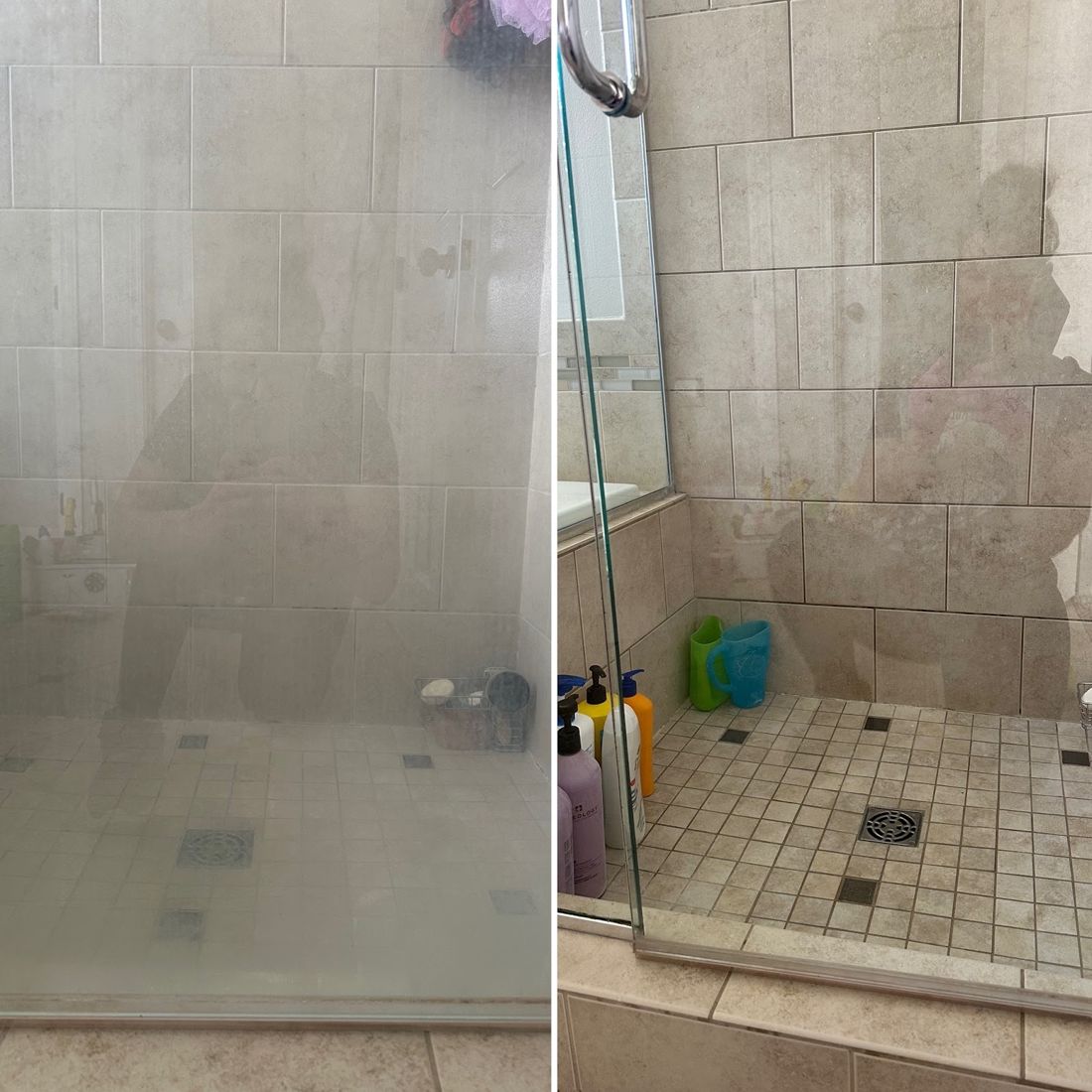 Glass shower door before and after hard-water film was removed