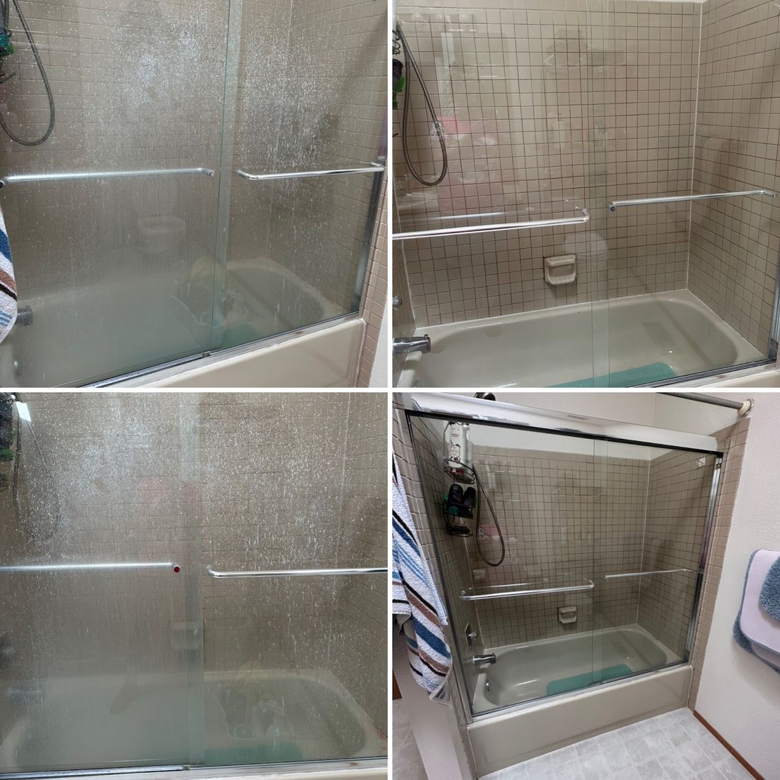 Sliding tub-shower glass doors before and after hard-water film removal